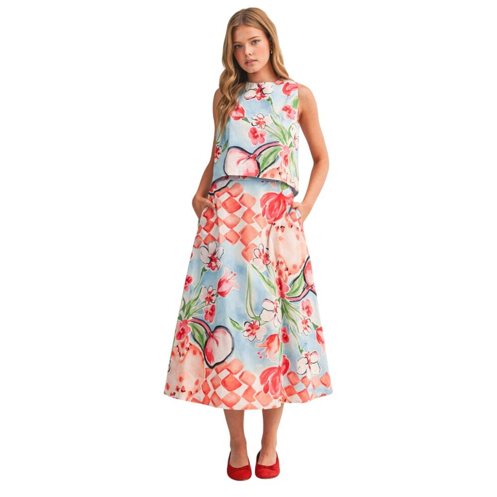 &Merci NWT Floral Matching Set Midi Skirt Sleeveless Outfit Sz M - Picture 2 of 15